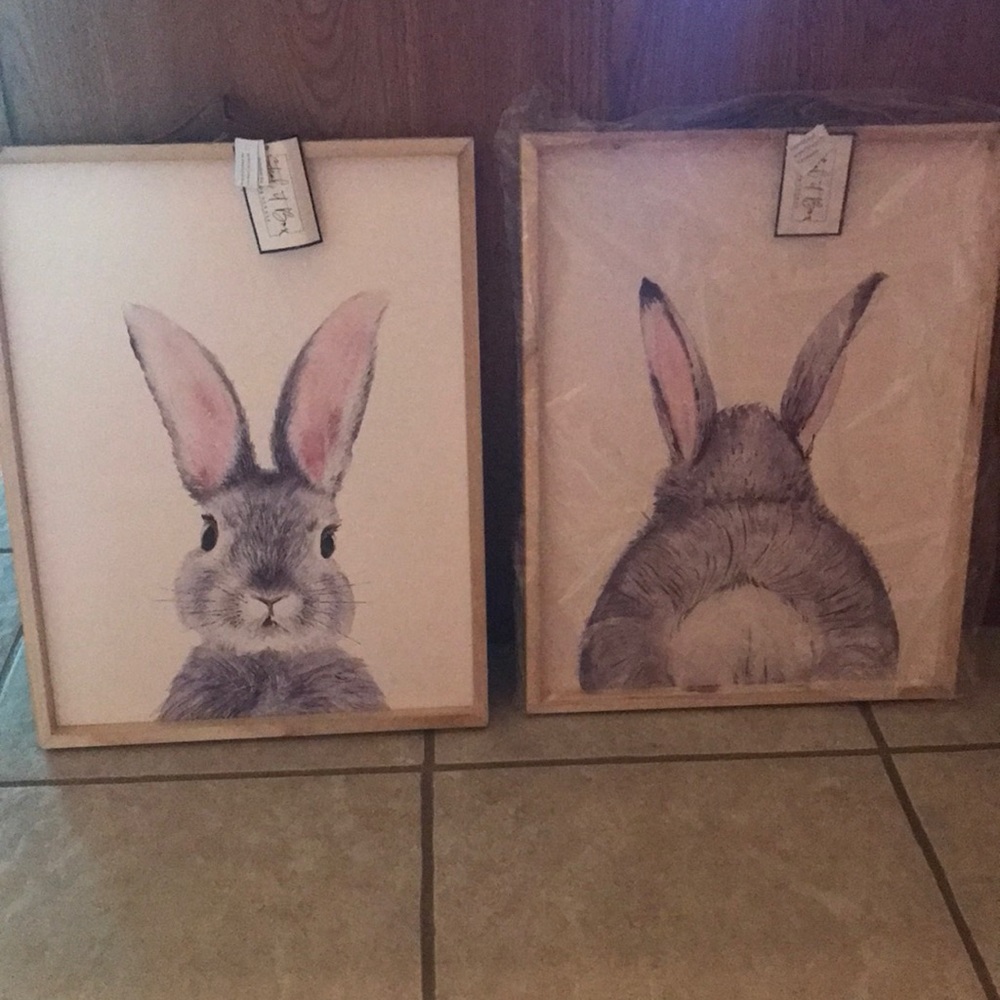 DECOR STEALS Rabbit Print Pair Wall Hanging Reversible Boho Wood Frame